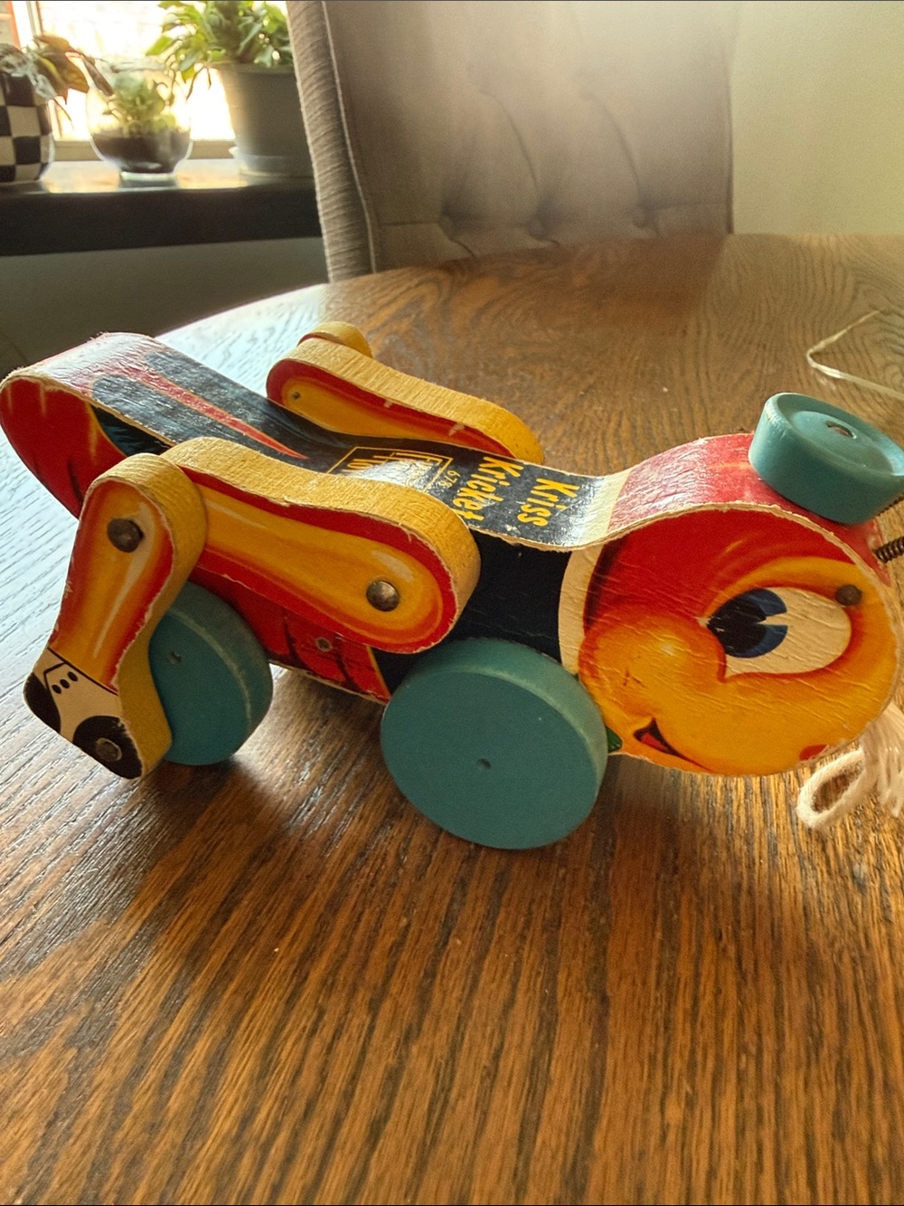 Vintage Fisher-Price Kriss Kricket Pull-Along Dog Toy in Red, Yellow